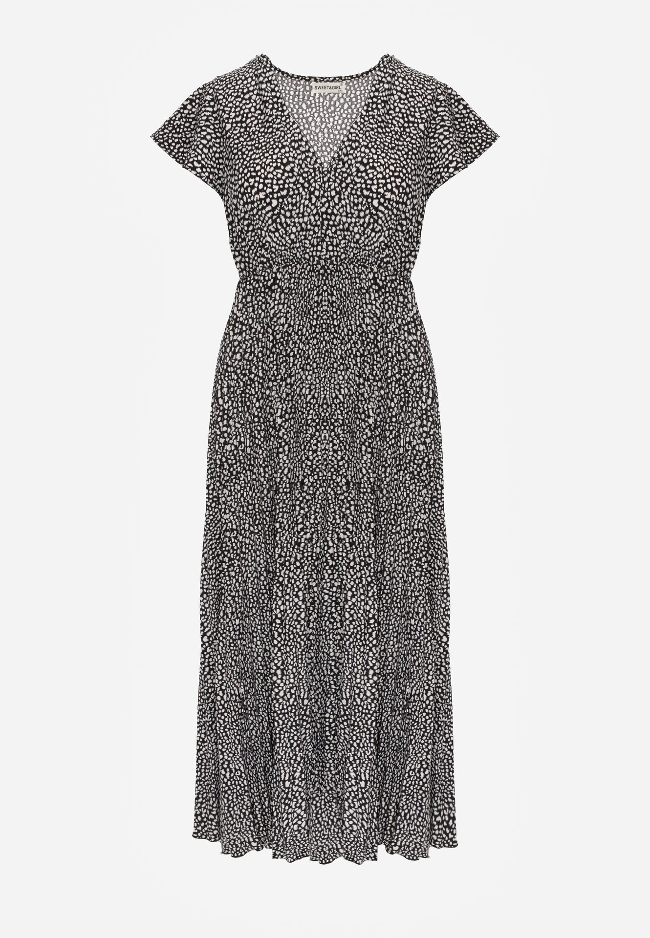  Rochie Negră Plisată Maxi cu elastic în talie și decolteu petrecut Kaimarie