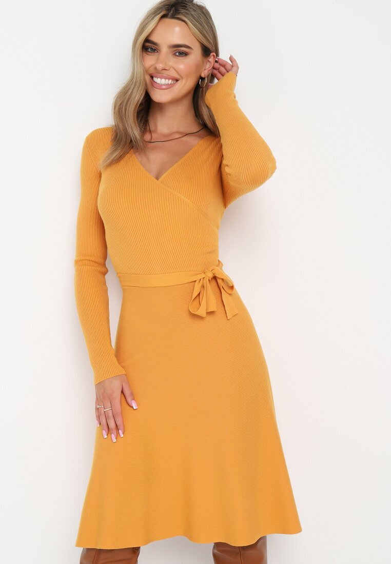  Rochie pulover Galbenă Cloș cu cordon legat Florentame