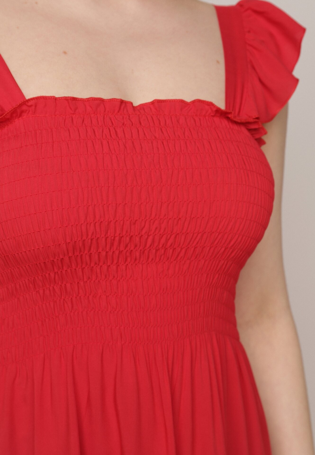  Rochie Roșie Cloș din bumbac cu bretele cu elastice și volan Mevesta