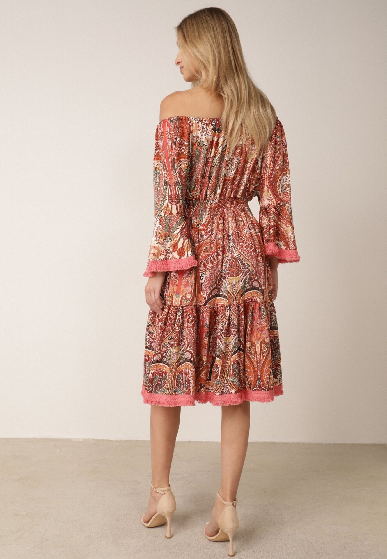  Rochie Roșie Spaniolă Decorată cu Franjuri cu Croială Cloș cu Imprimeu Paisley Allnight