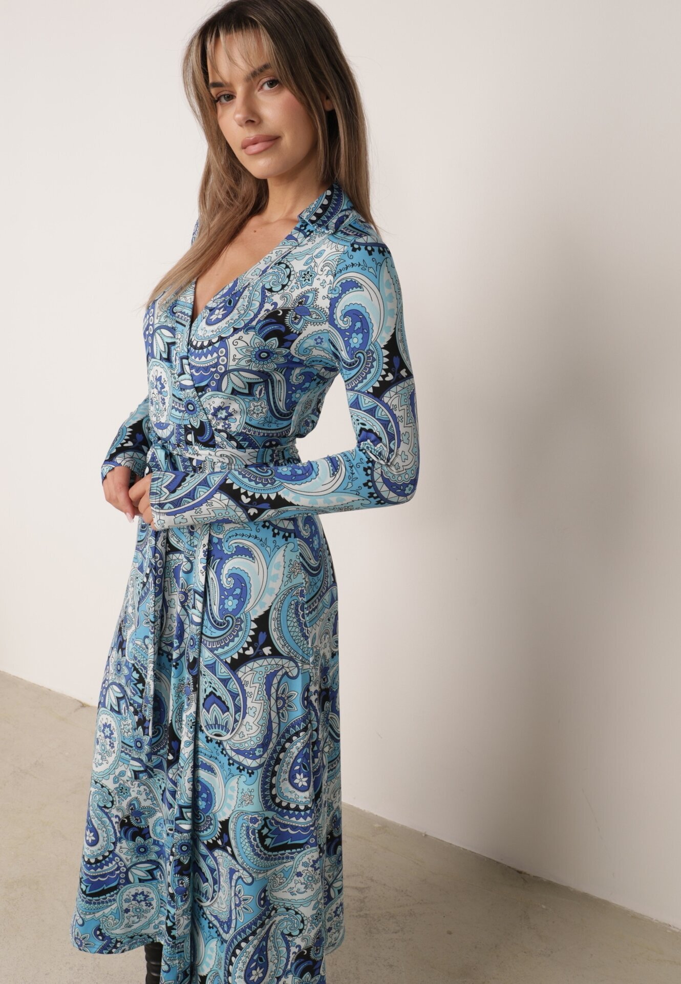  Rochie Tip plic Maxi Albastră cu Curea din material textil Jamiria
