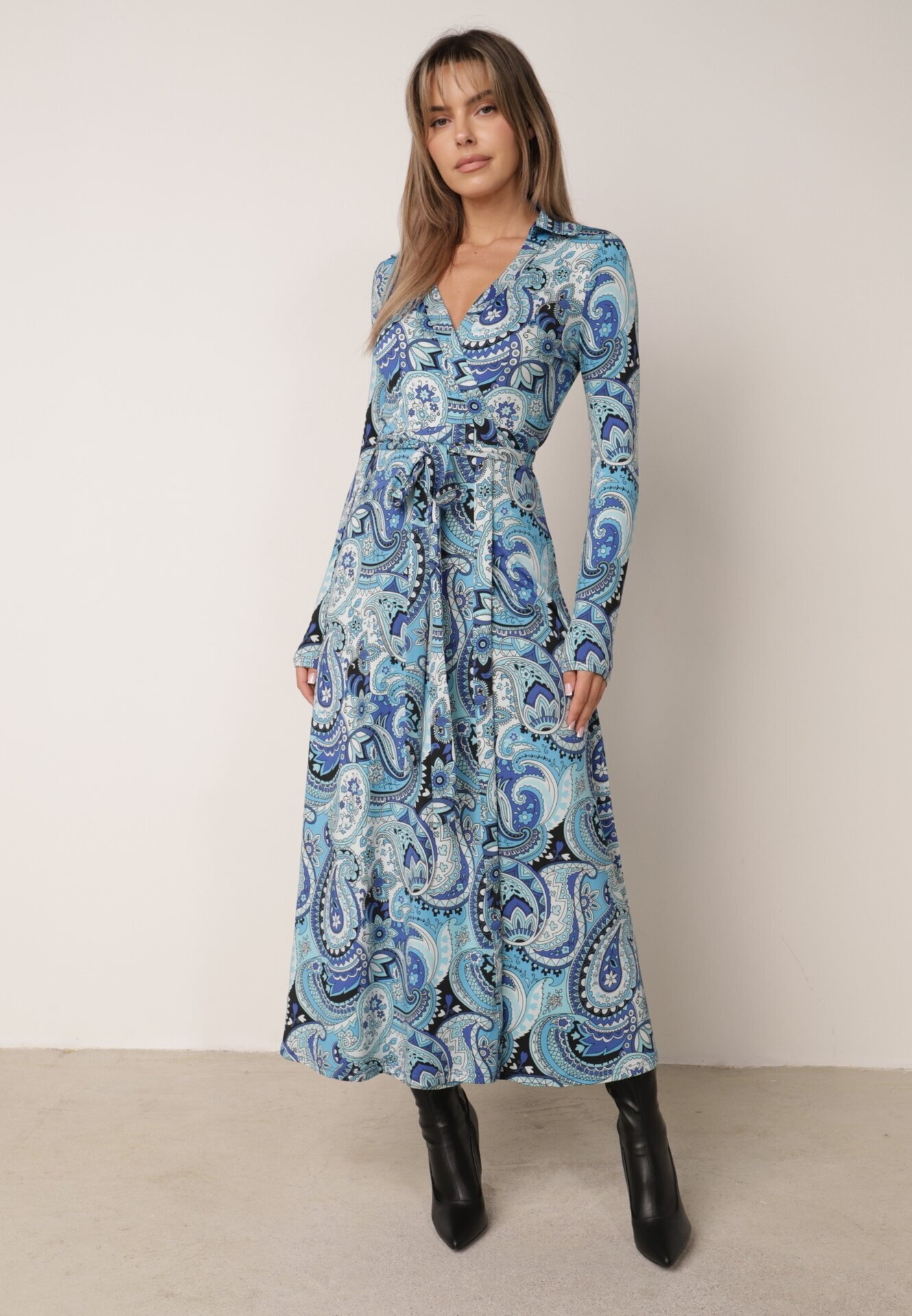  Rochie Tip plic Maxi Albastră cu Curea din material textil Jamiria
