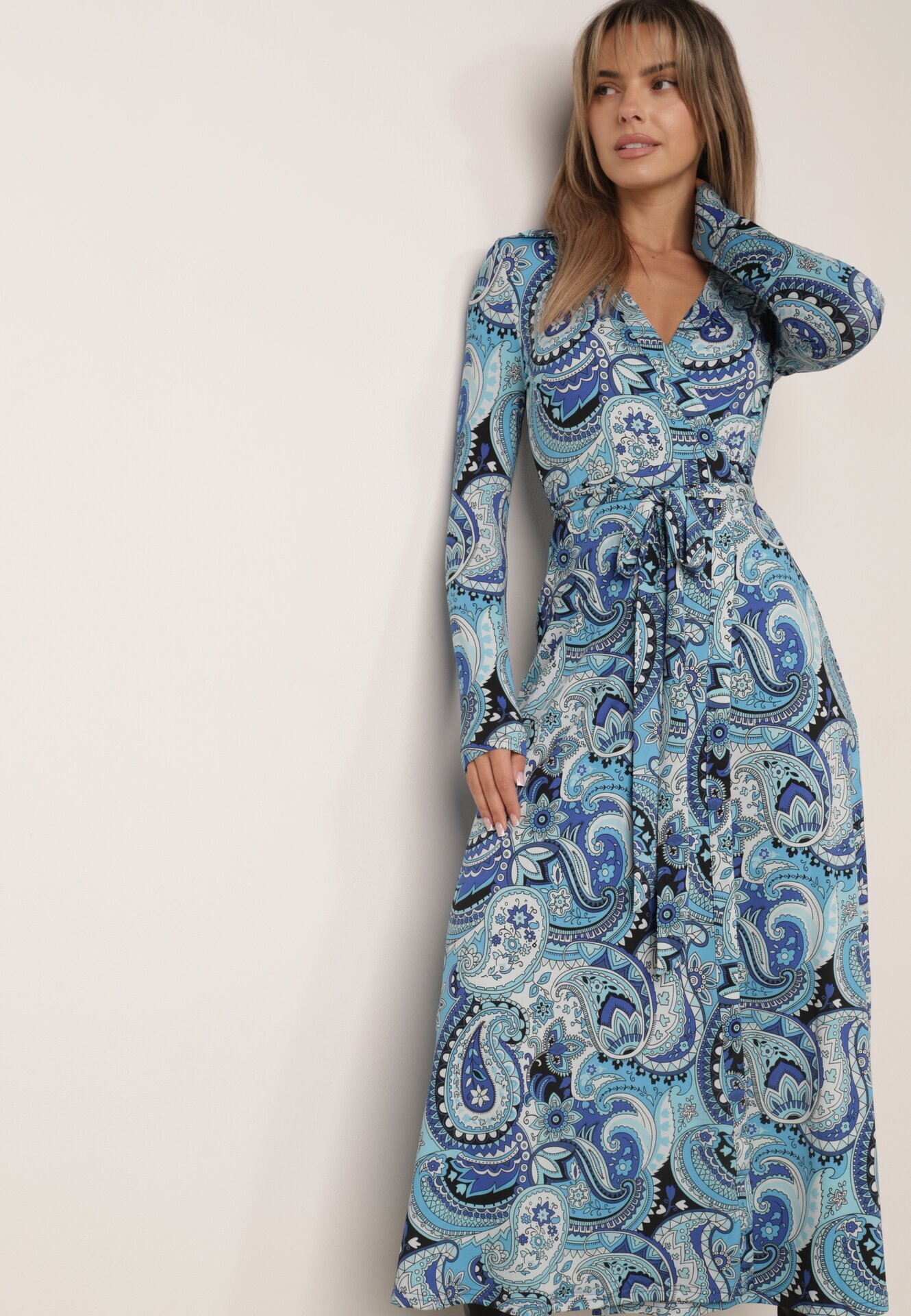  Rochie Tip plic Maxi Albastră cu Curea din material textil Jamiria