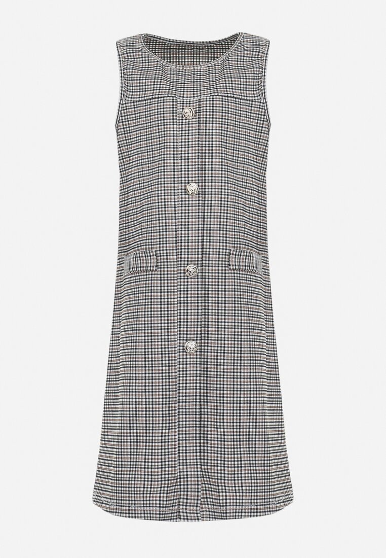  Rochie Trapezoidală Bej Mini în carouri cu nasturi bijuterie Curumen
