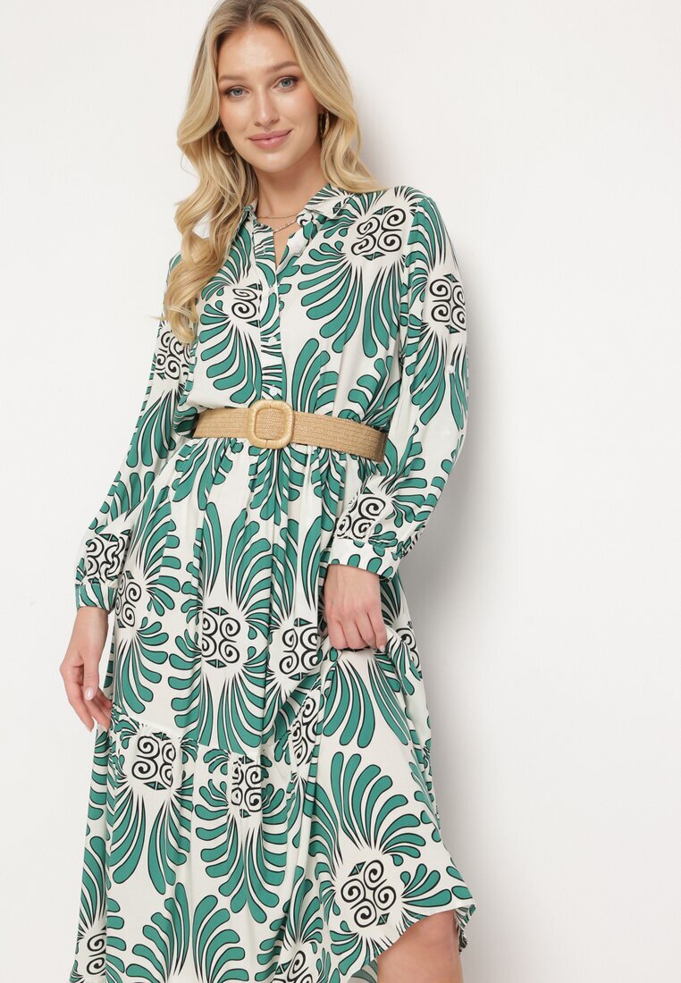  Rochie Verde-Albă din Viscoză cu Mâneci cu prindere cu nasturi cu Volan Kiosara