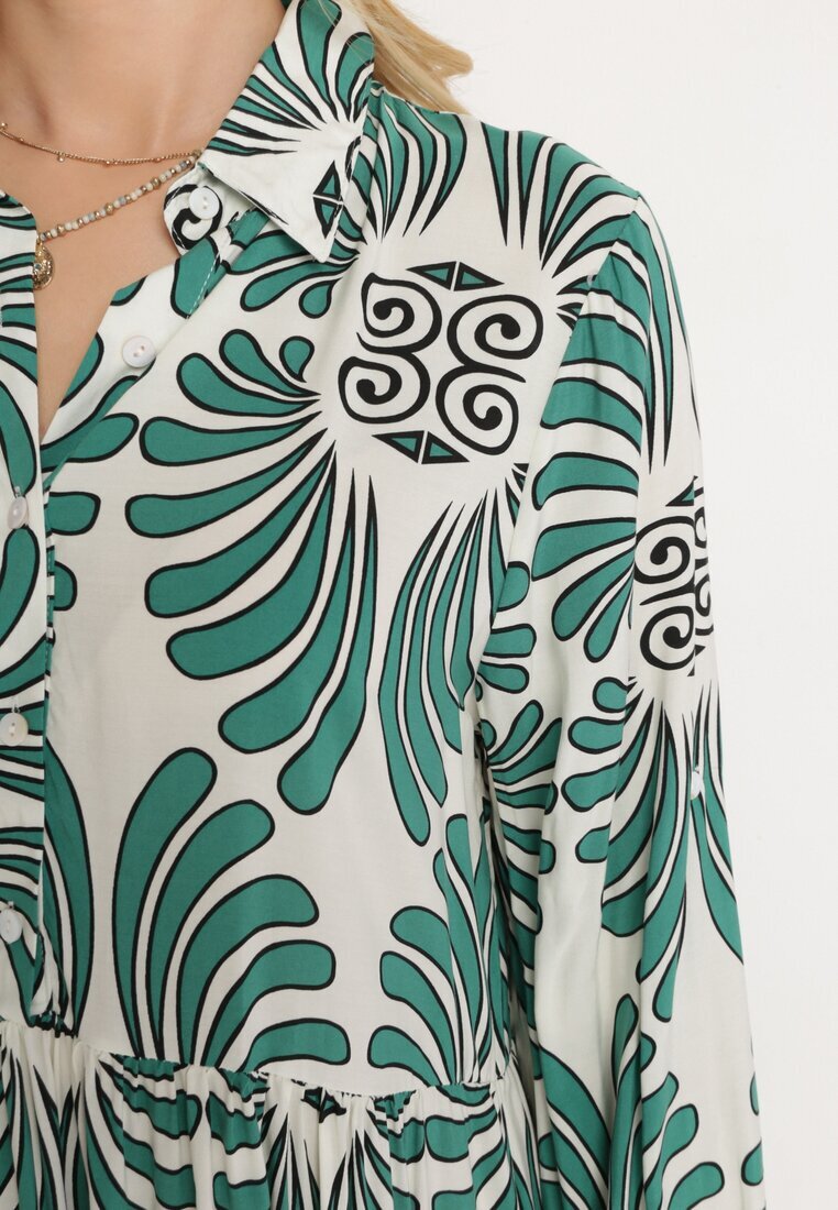  Rochie Verde-Albă din Viscoză cu Mâneci cu prindere cu nasturi cu Volan Kiosara