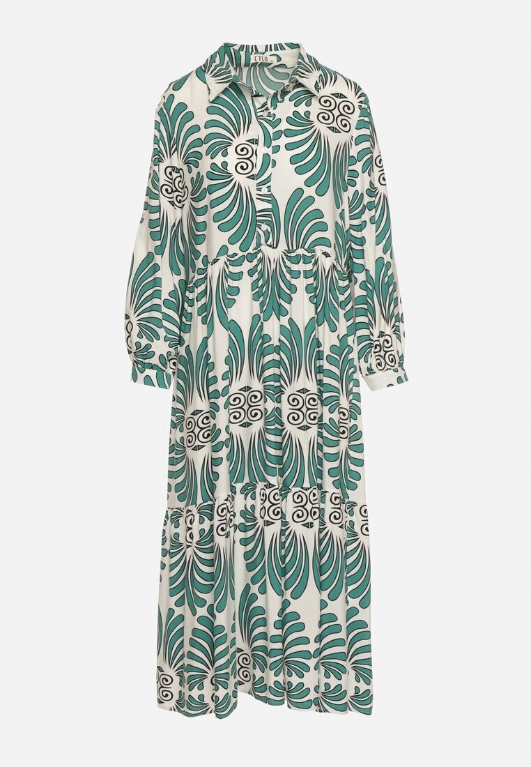  Rochie Verde-Albă din Viscoză cu Mâneci cu prindere cu nasturi cu Volan Kiosara