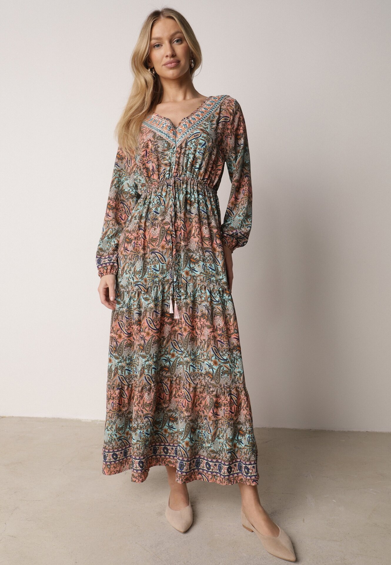  Rochie Verde Evazată cu Volan cu Imprimeu Paisley Kapiss
