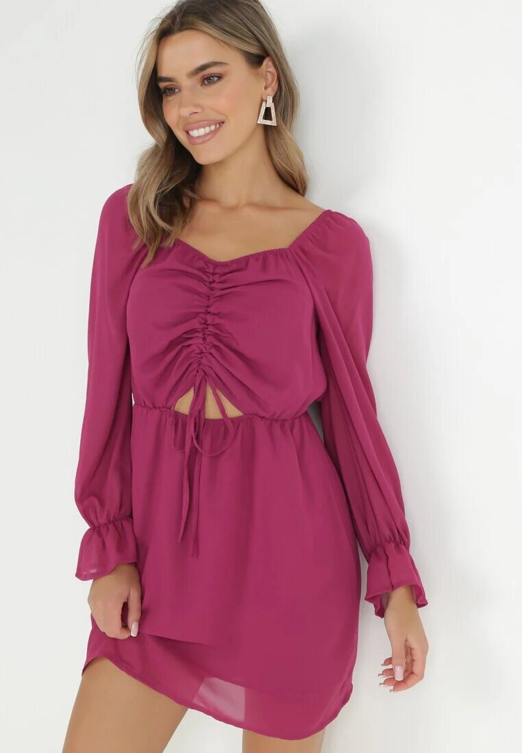  Rochie Violetă cu Ață Strălucitoare și Șnur în Față Gissi