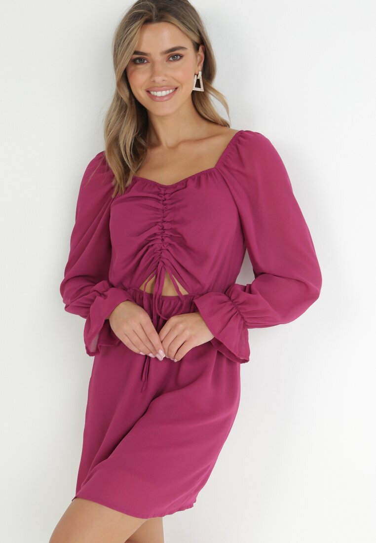  Rochie Violetă cu Ață Strălucitoare și Șnur în Față Gissi