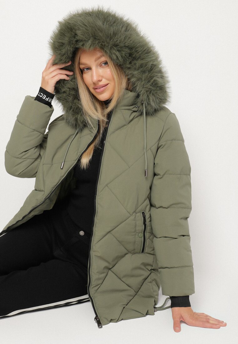 romee's Geacă Matlasată Verde închisă cu glugă cu blană și manșete elastice Dacce