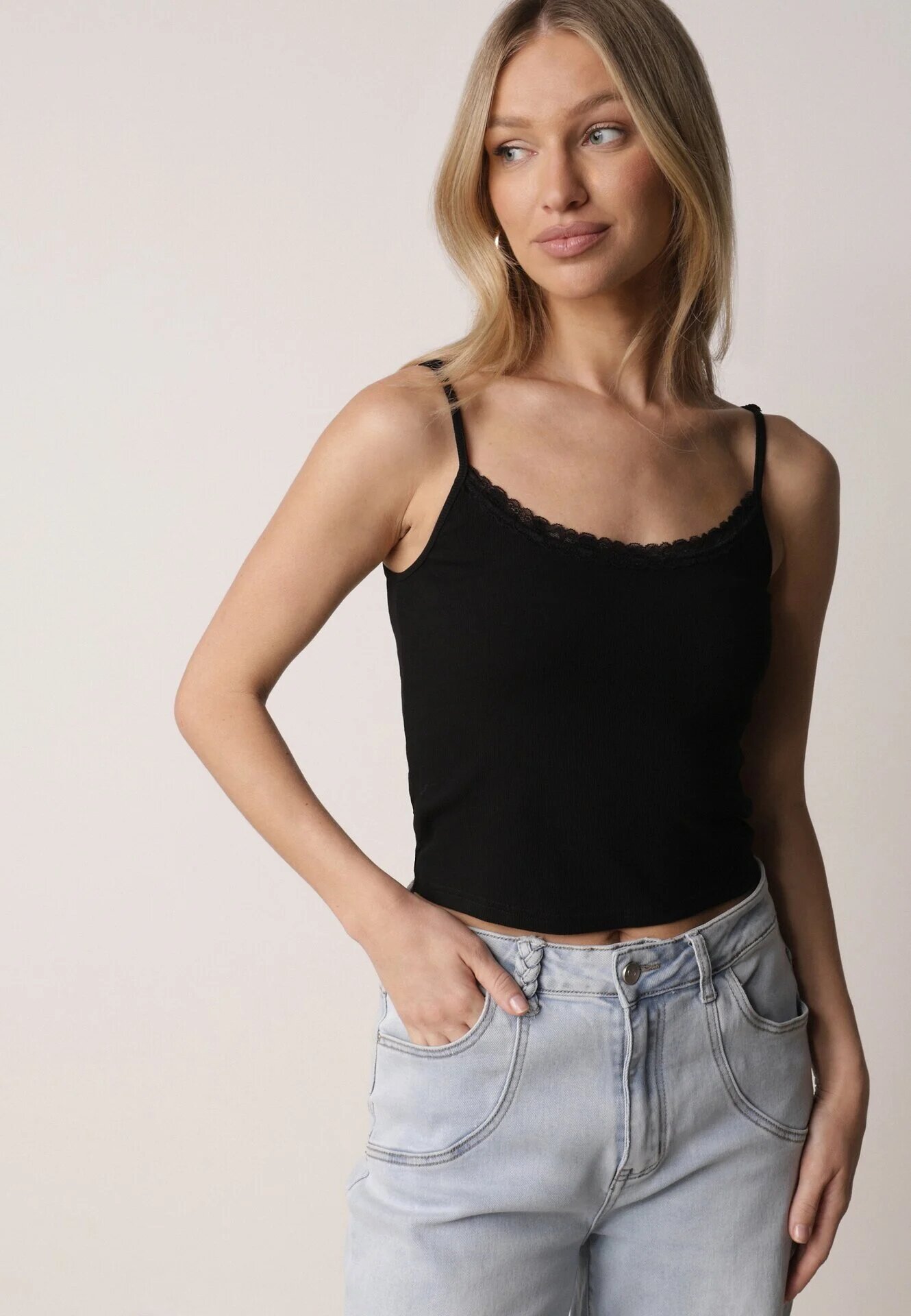 romee's Top Negru din Bumbac de lenjerie cu dantelă cu bretele reglabile Beralisa