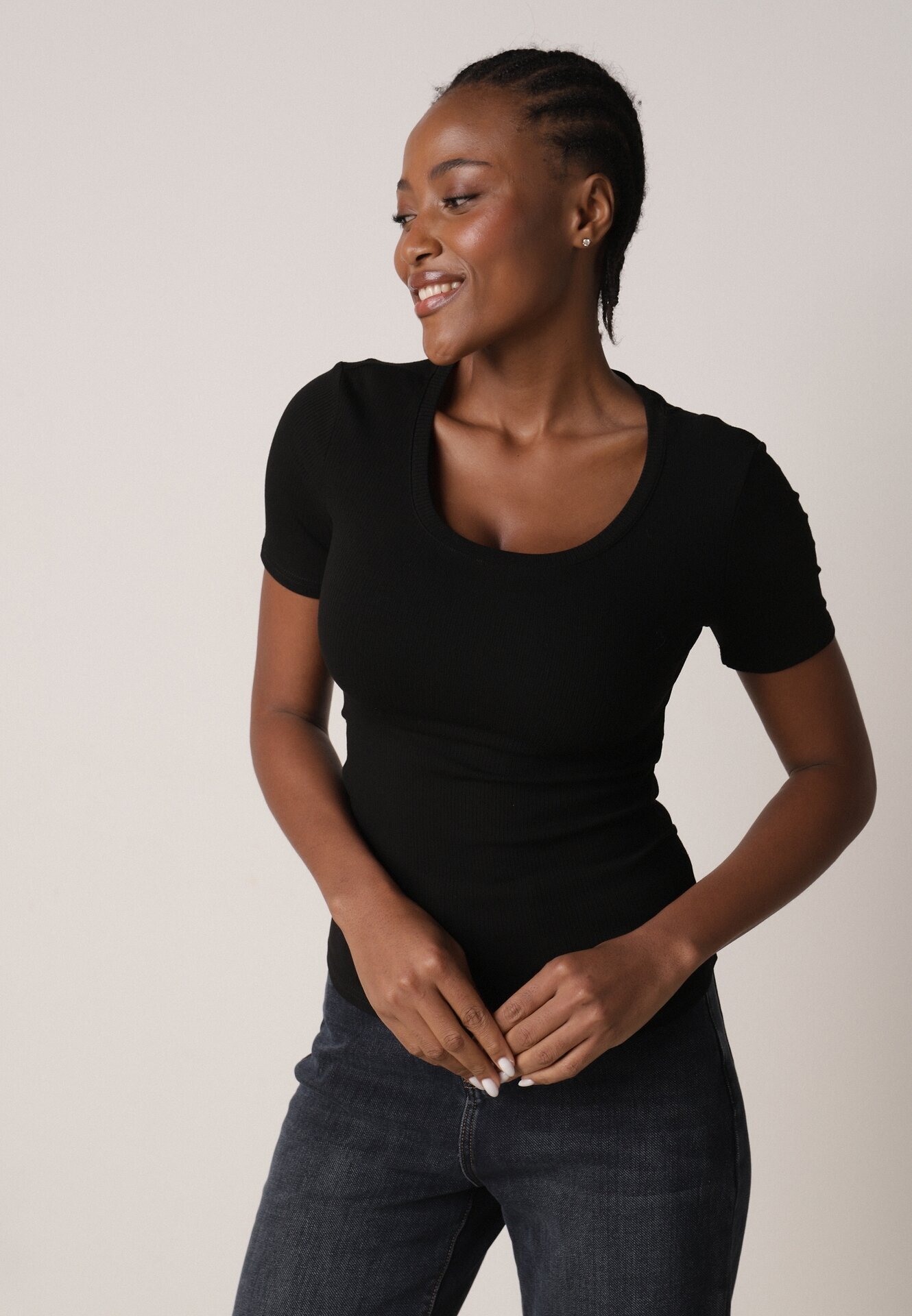 romee's Tricou Negru Striat Decorat pe Laterale cu Încrețituri Nedisa