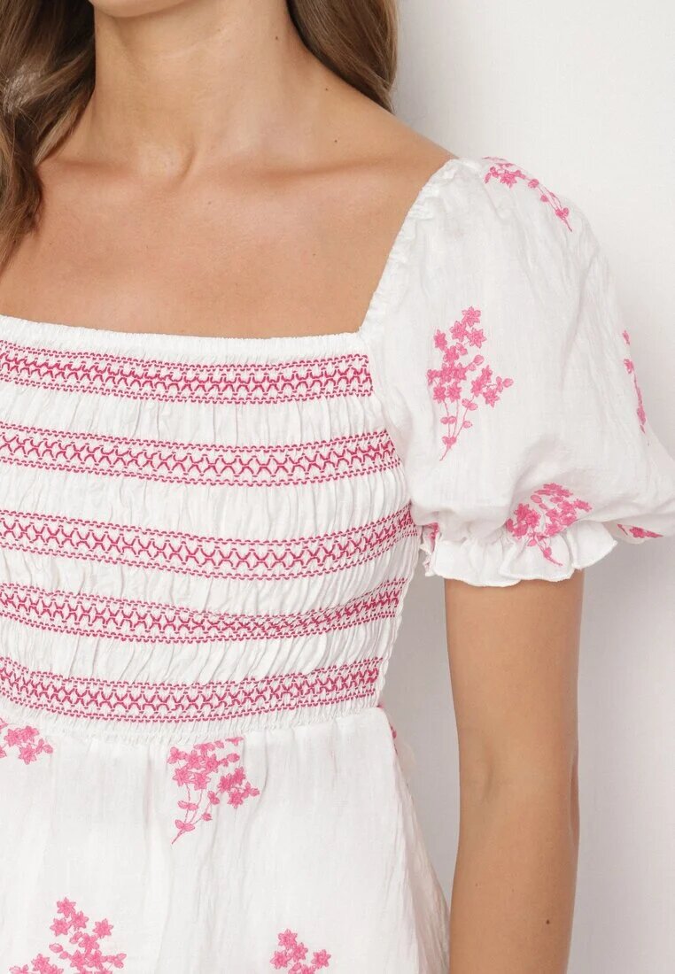 rosa Bluză Alb-Fucsia din bumbac cu umerii goi cu broderii decorative Merafina