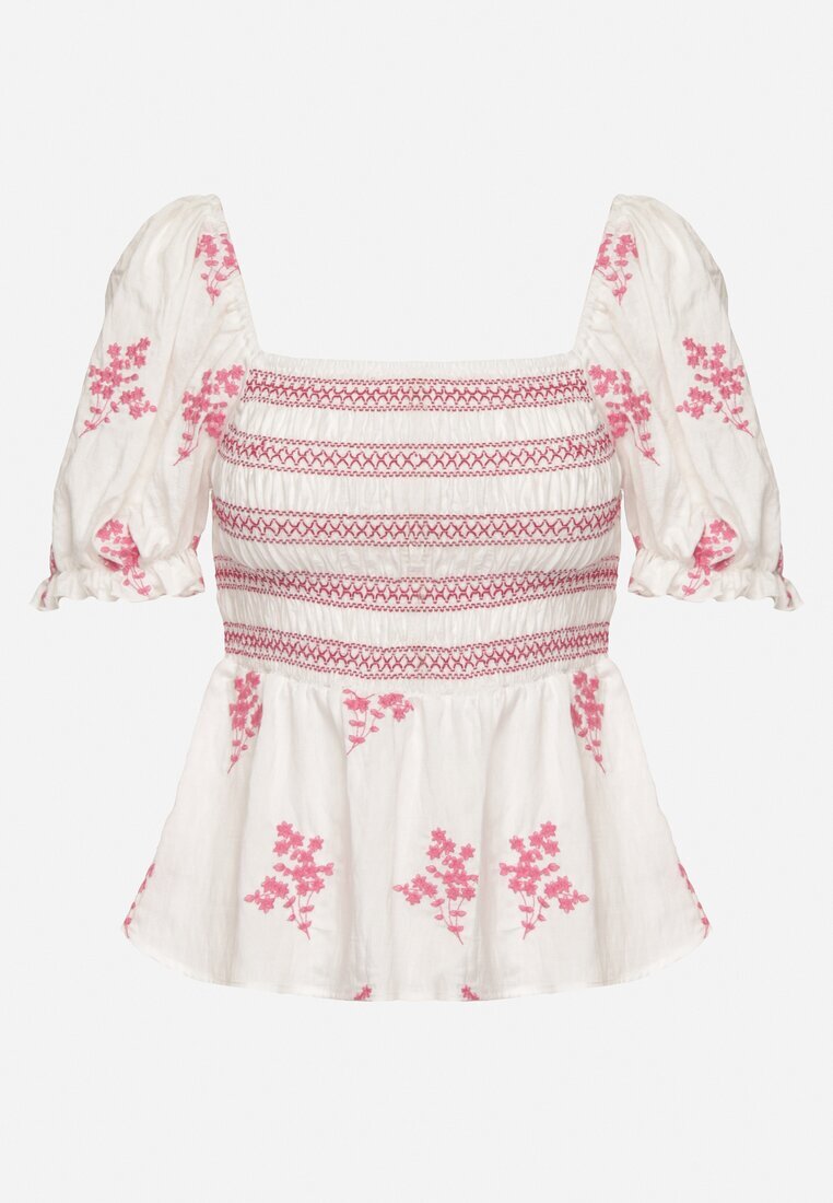 rosa Bluză Alb-Fucsia din bumbac cu umerii goi cu broderii decorative Merafina