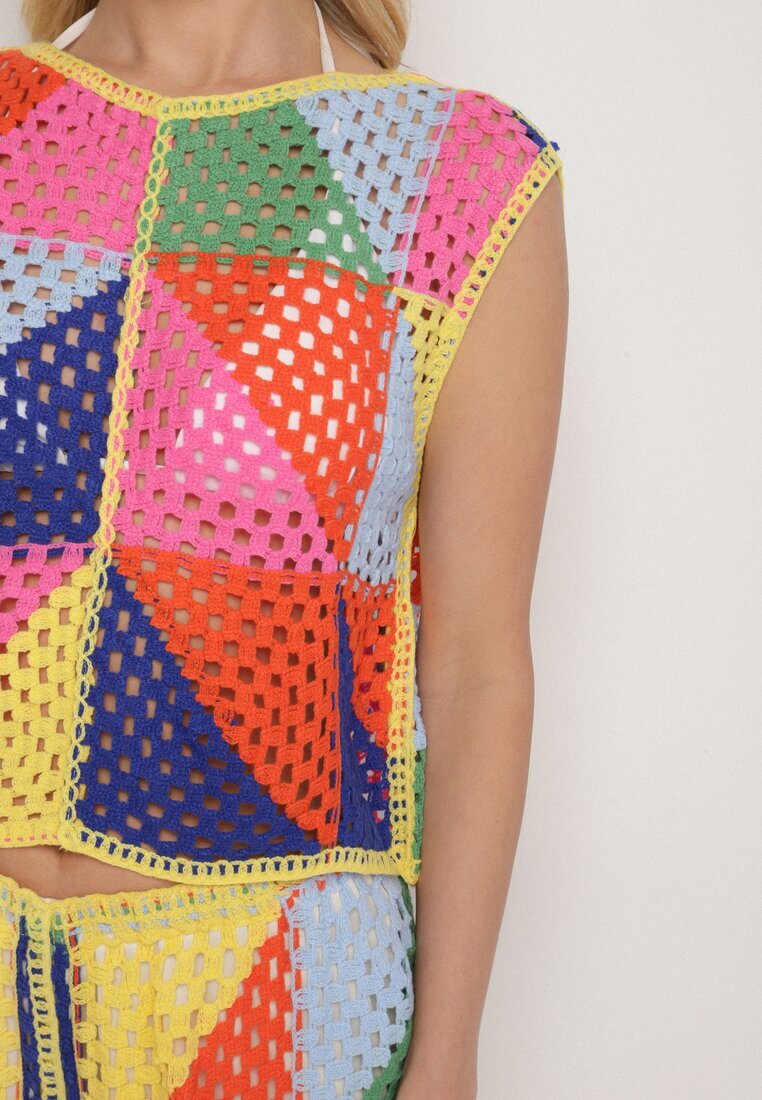 rosa Bluză Roz-galbenă din bumbac ajurată cu motiv geometric Tiloma