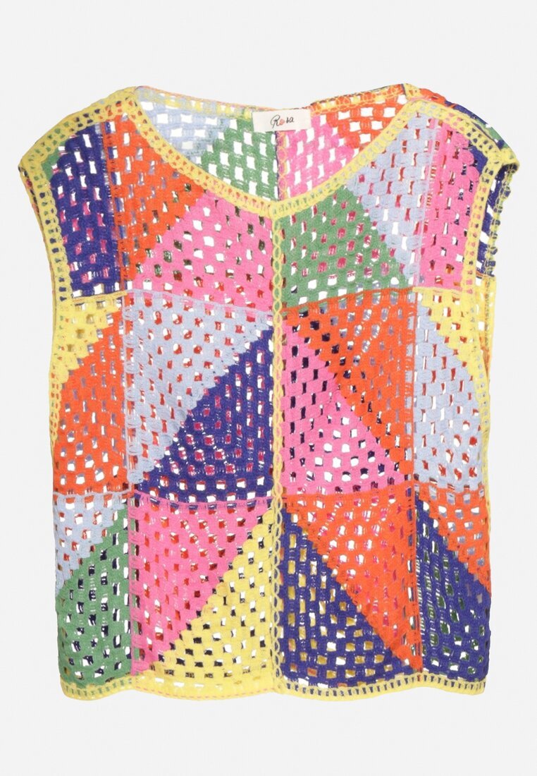 rosa Bluză Roz-galbenă din bumbac ajurată cu motiv geometric Tiloma