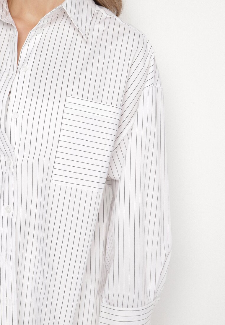 rosa Cămașă Albă din Bumbac cu Dungi Decorată cu Buzunar Halonila