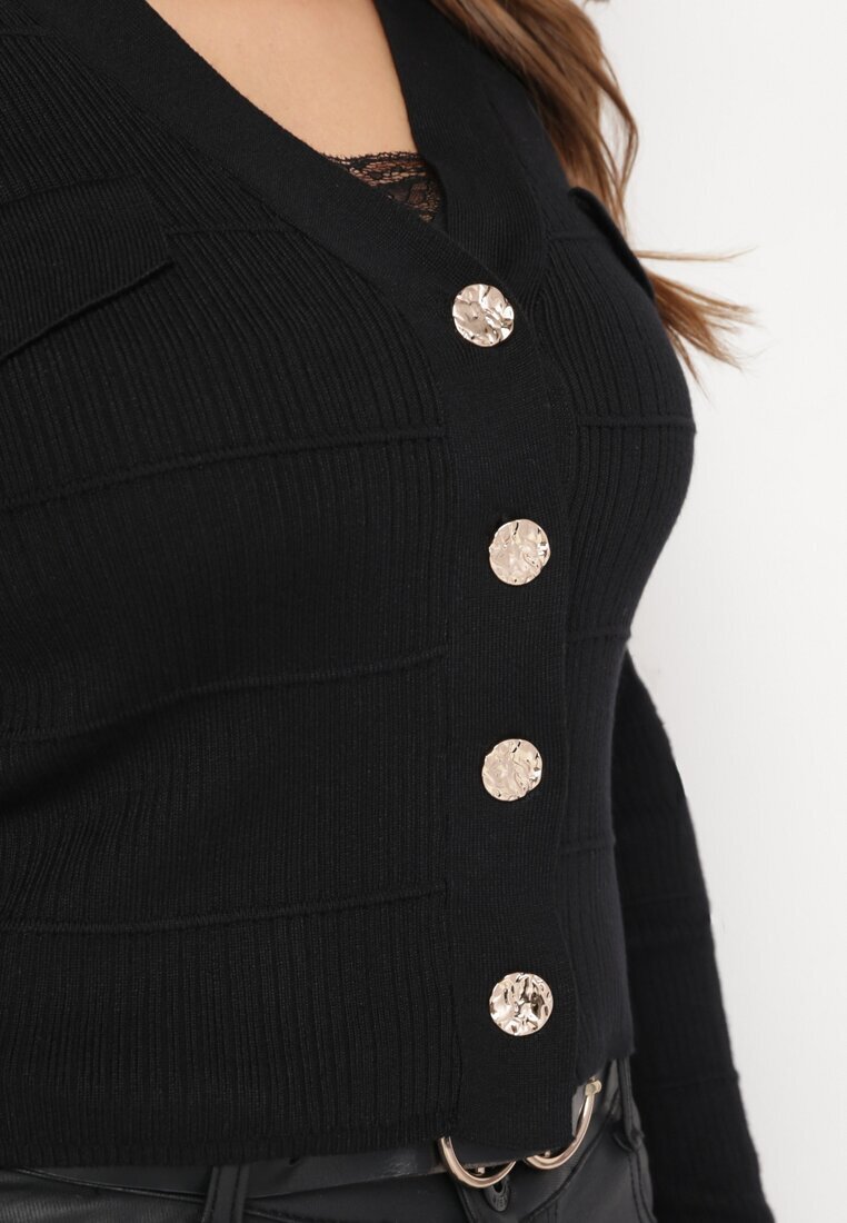 rosa Cardigan Negru cu Nasturi cu Cusături Zennita