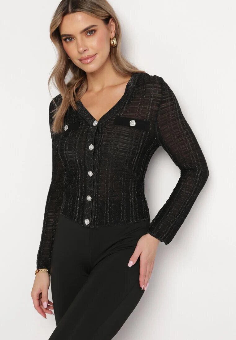 rosa Cardigan Negru încheiat cu nasturi cu fir metalic Stamana