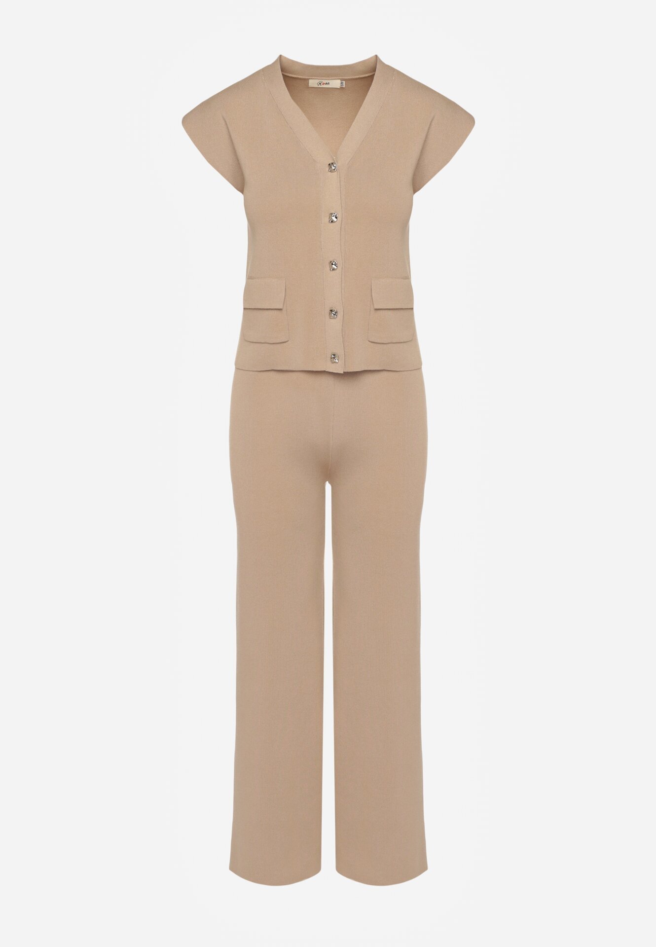 rosa Compleu Bej Vestă cu nasturi și Pantaloni Drepti cu Elastic în Talie Anniola