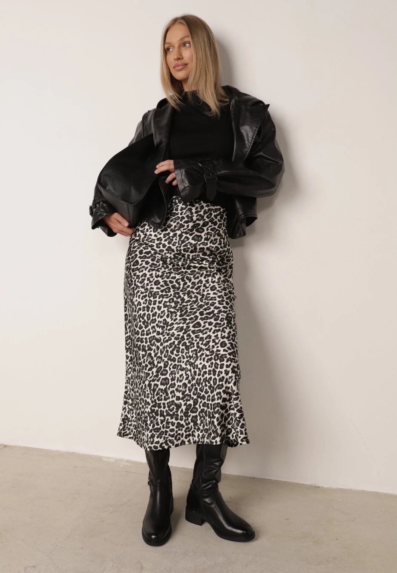 rosa Fustă Alb-Negru cu imprimeu leopard cu talie înaltă și elastic în talie Dimimas