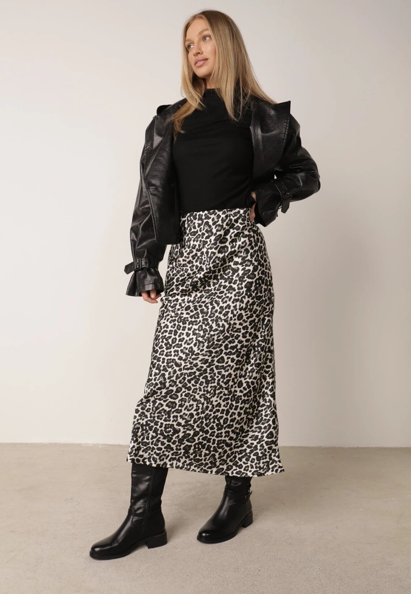 rosa Fustă Alb-Negru cu imprimeu leopard cu talie înaltă și elastic în talie Dimimas