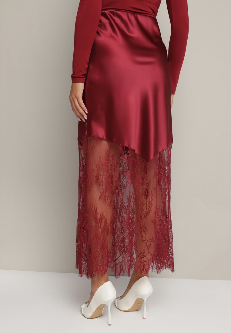 rosa Fustă de Satin Bordeaux Decorată cu Dantelă Milori