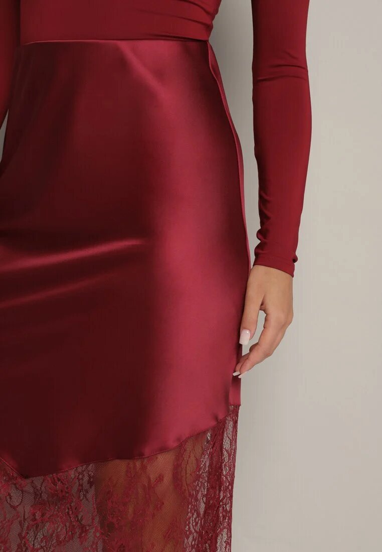 rosa Fustă de Satin Bordeaux Decorată cu Dantelă Milori