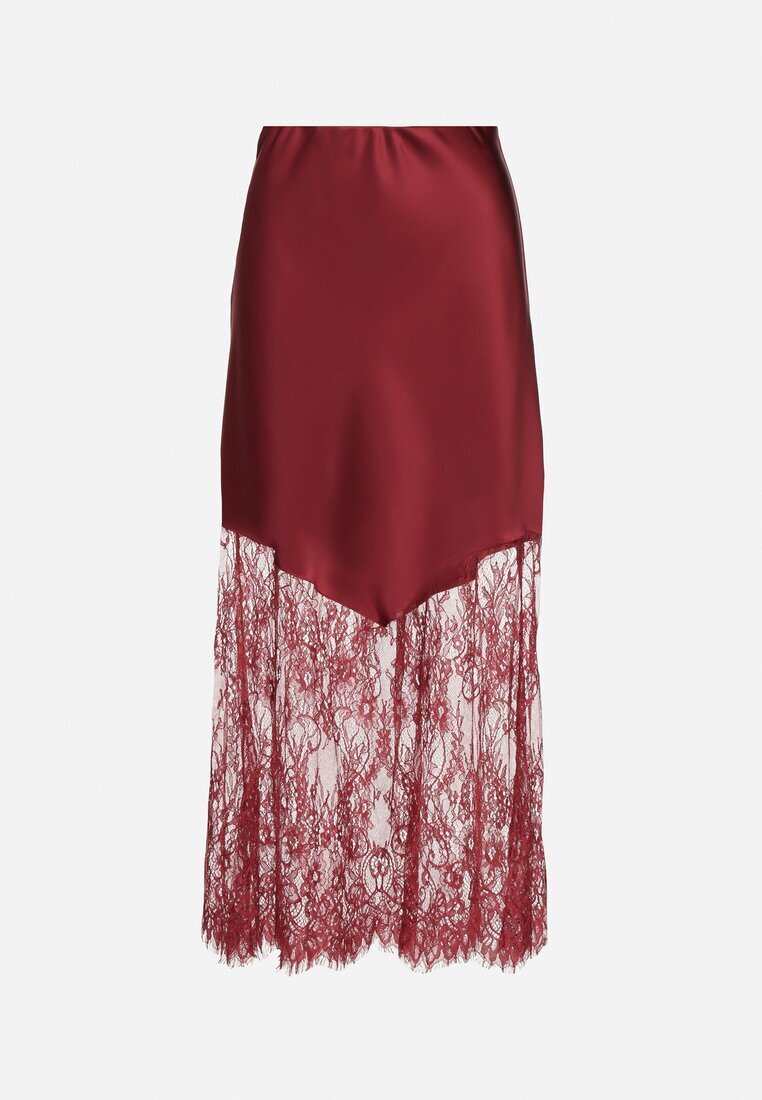 rosa Fustă de Satin Bordeaux Decorată cu Dantelă Milori
