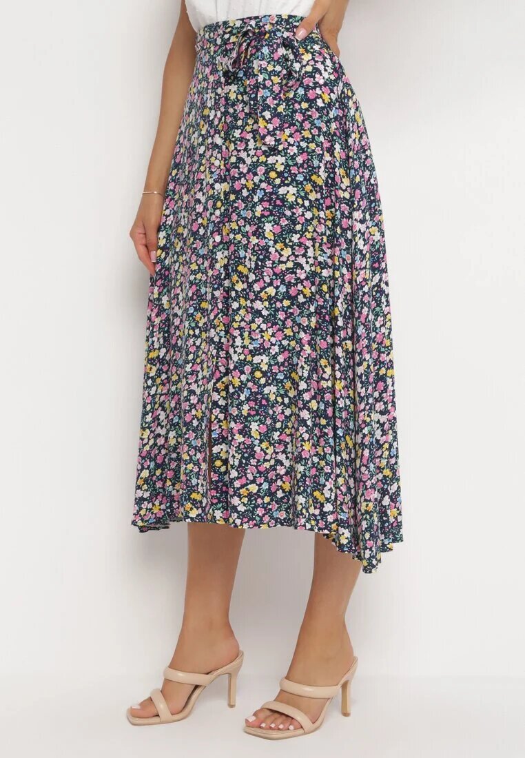 rosa Fustă Midi Bleumarin-Galbenă din Viscoză cu Imprimeu Floral cu Cordon din Material Omona