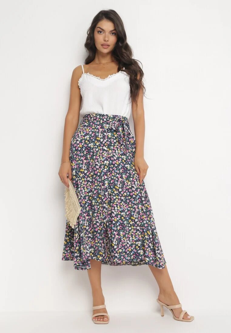 rosa Fustă Midi Bleumarin-Galbenă din Viscoză cu Imprimeu Floral cu Cordon din Material Omona