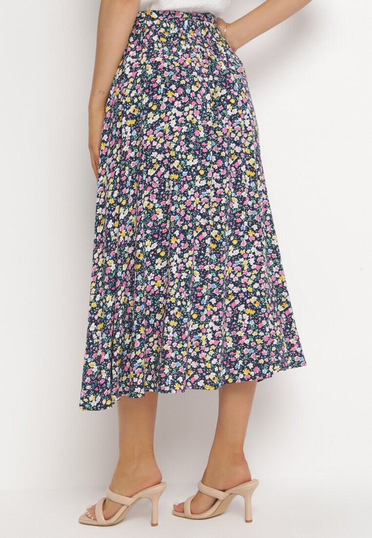 rosa Fustă Midi Bleumarin-Galbenă din Viscoză cu Imprimeu Floral cu Cordon din Material Omona