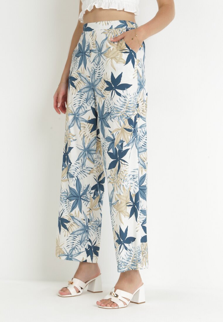 rosa Pantaloni Albaștri Largi cu Talie Înaltă și Elastic în Talie din Bumbac Eliphne