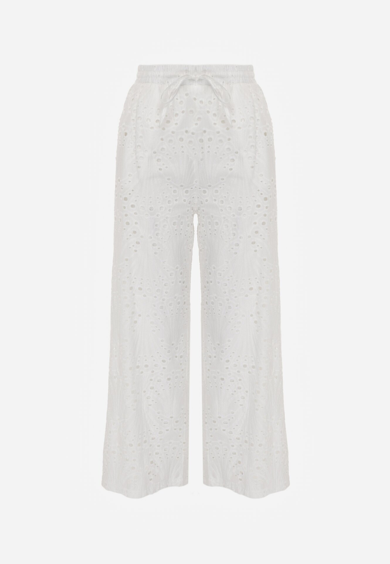 rosa Pantaloni albi din bumbac largi ajurați în stil boho cu broderie Ellanirae