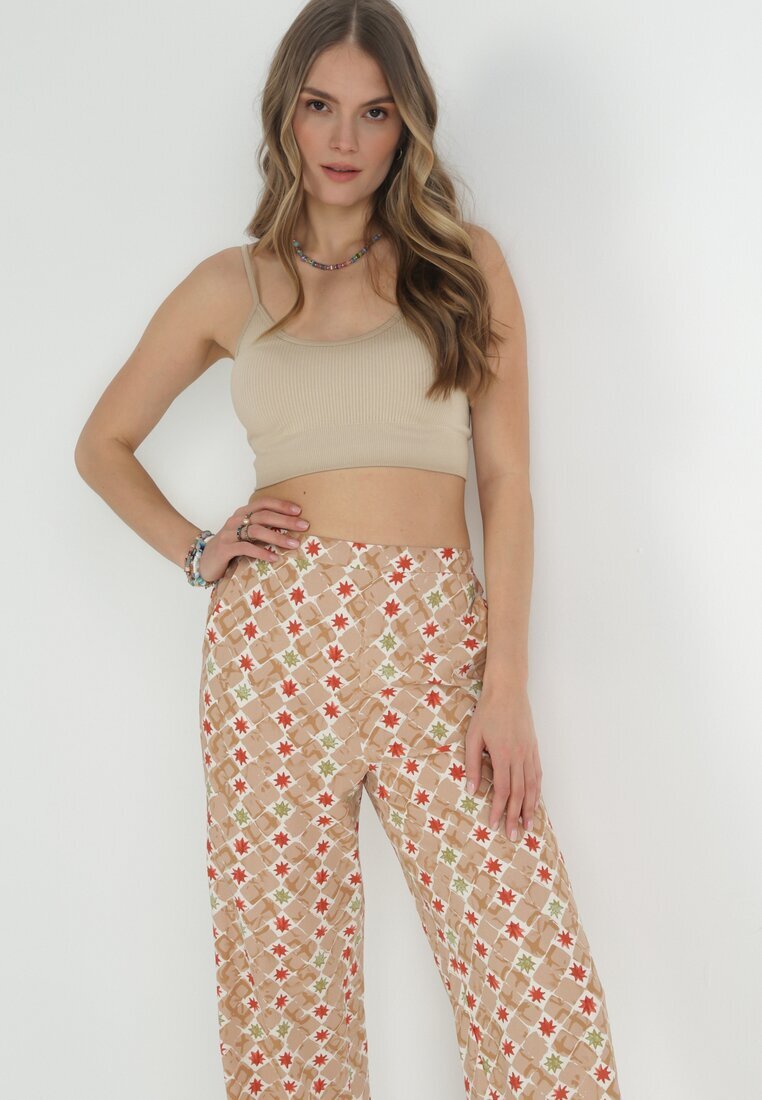 rosa Pantaloni Bej Larghi din Bumbac cu Imprimeu Fantezie Miia