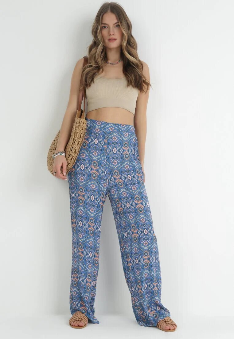 rosa Pantaloni Bleumarin imprimați cu elastic în talie și talie înaltă din bumbac Marron