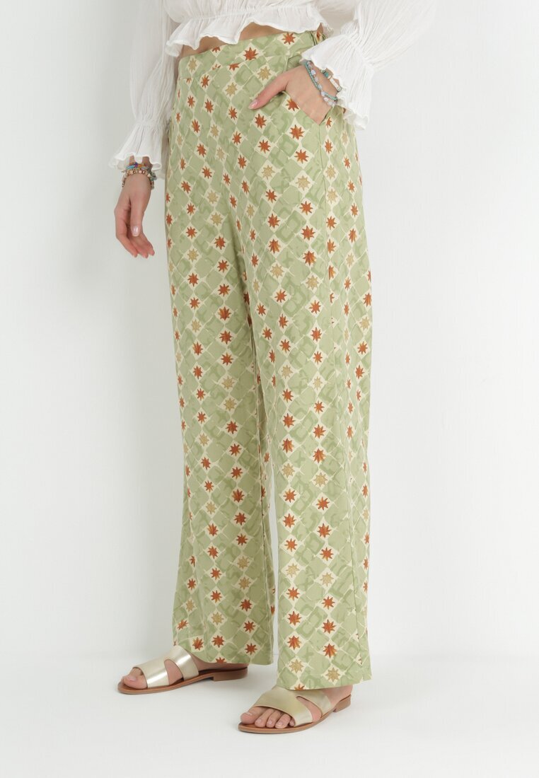 rosa Pantaloni Largi de bumbac verde deschis cu Imprimeu Fantezie Miia