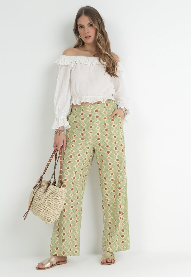rosa Pantaloni Largi de bumbac verde deschis cu Imprimeu Fantezie Miia