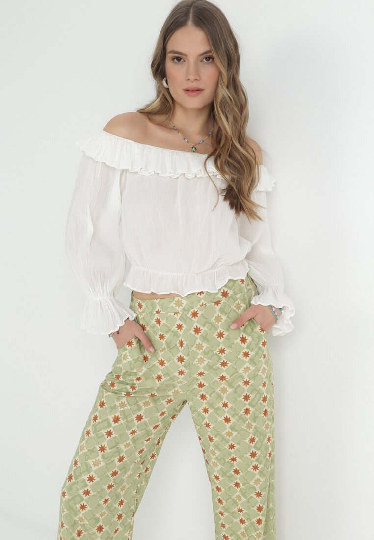 rosa Pantaloni Largi de bumbac verde deschis cu Imprimeu Fantezie Miia