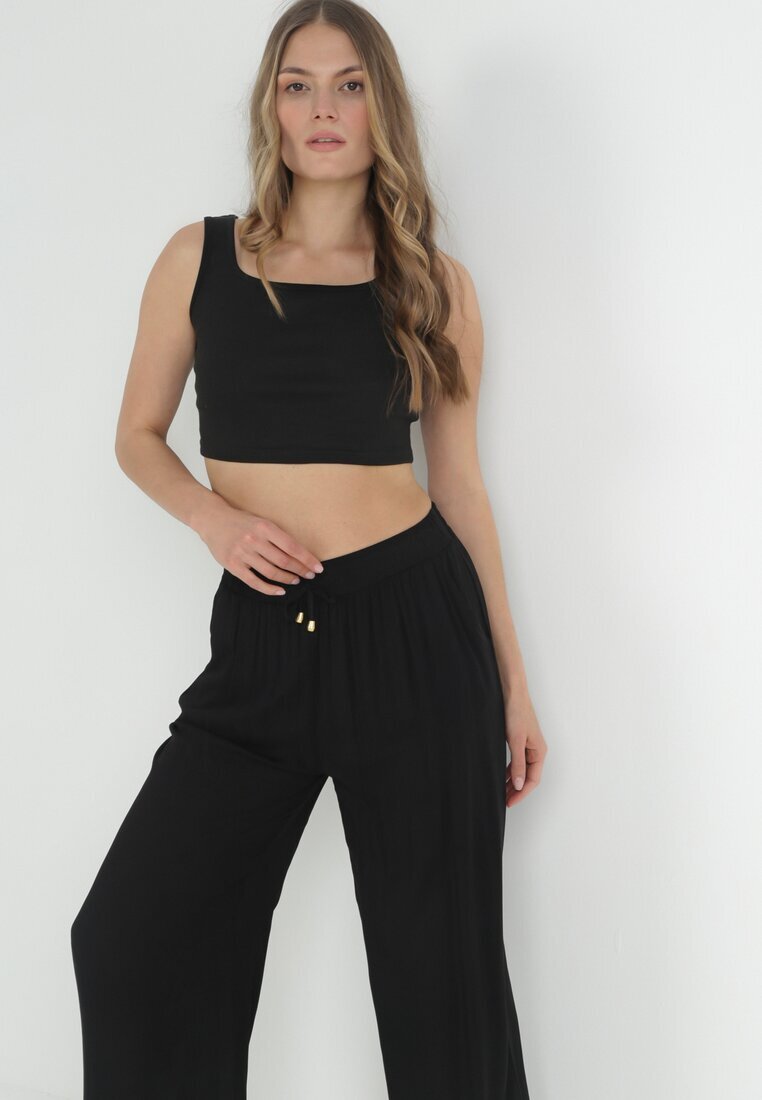 rosa Pantaloni Negri Netezi cu Elastic în Talie și cu Crăci Largi Alathera