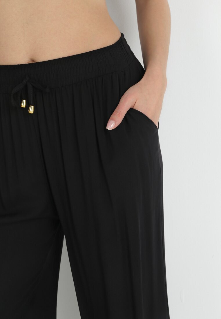 rosa Pantaloni Negri Netezi cu Elastic în Talie și cu Crăci Largi Alathera