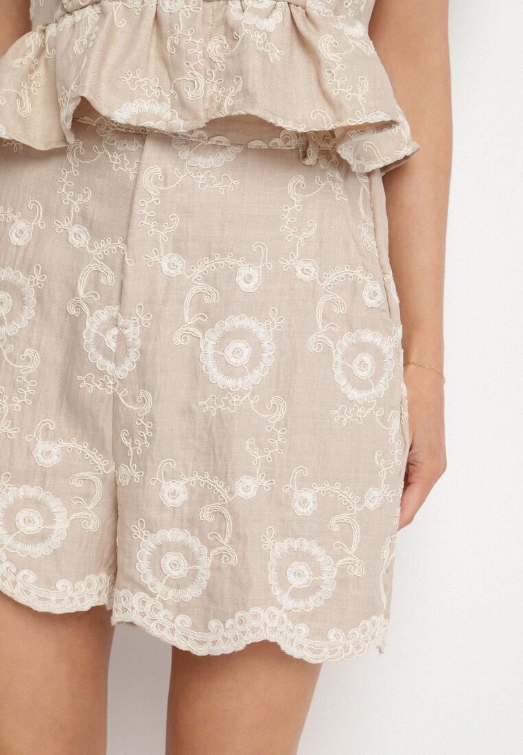 rosa Pantaloni scurți Bej din Bumbac cu Croială Largă cu Broderie Florală Velriza