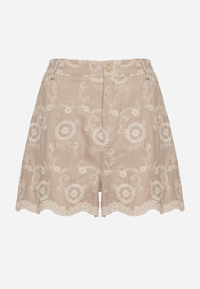rosa Pantaloni scurți Bej din Bumbac cu Croială Largă cu Broderie Florală Velriza