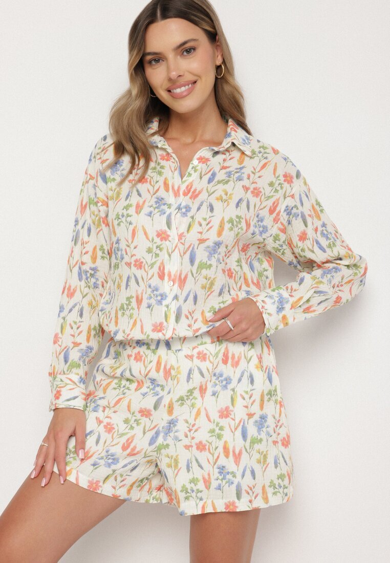 rosa Pantaloni scurți din bumbac bej decorați cu motiv floral Nilandra