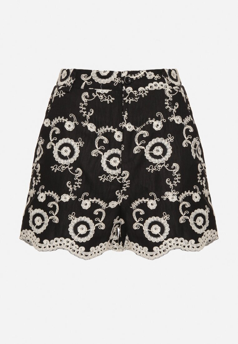 rosa Pantaloni scurți Negri din bumbac cu croială lejeră cu broderie florală Velriza