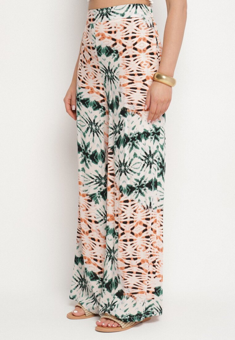 rosa Pantaloni Verde-Bej Largi cu Model Abstract din Viscoză Averina