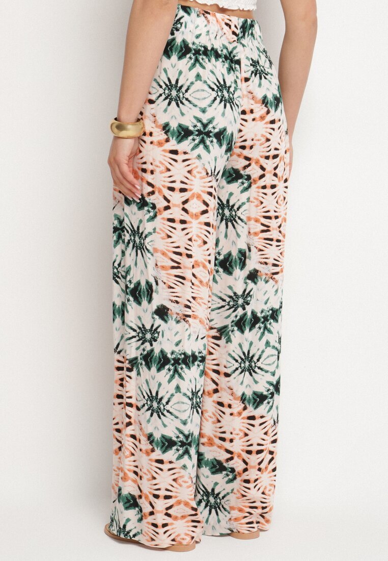 rosa Pantaloni Verde-Bej Largi cu Model Abstract din Viscoză Averina
