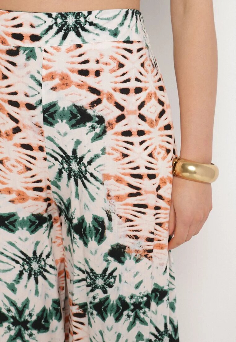 rosa Pantaloni Verde-Bej Largi cu Model Abstract din Viscoză Averina