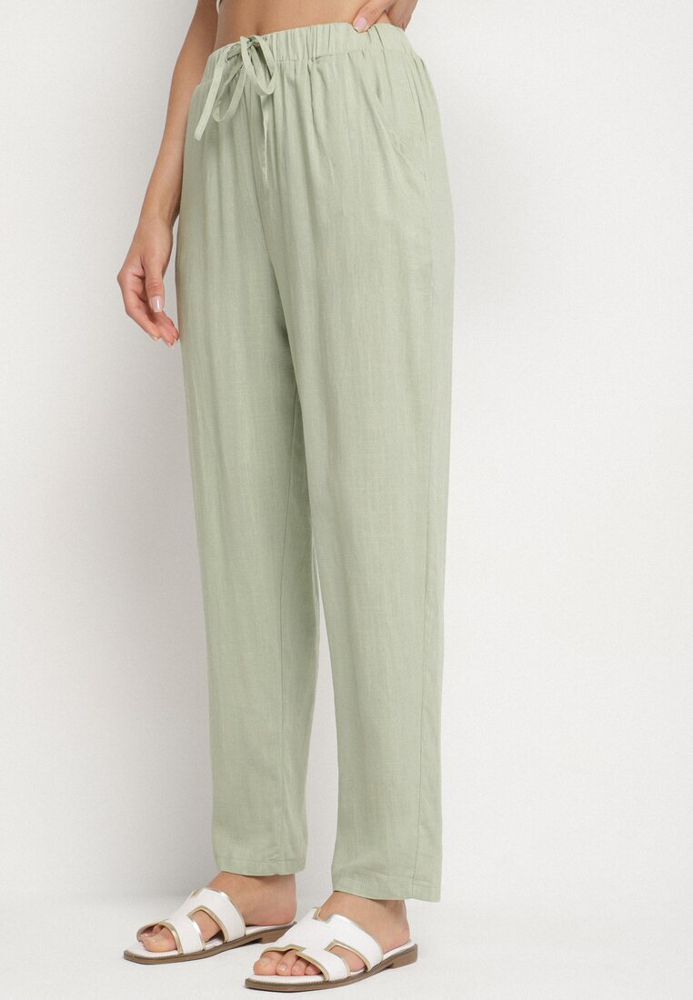 rosa Pantaloni verde deschis de bumbac cu elastic în talie și picioare drepte Olalla